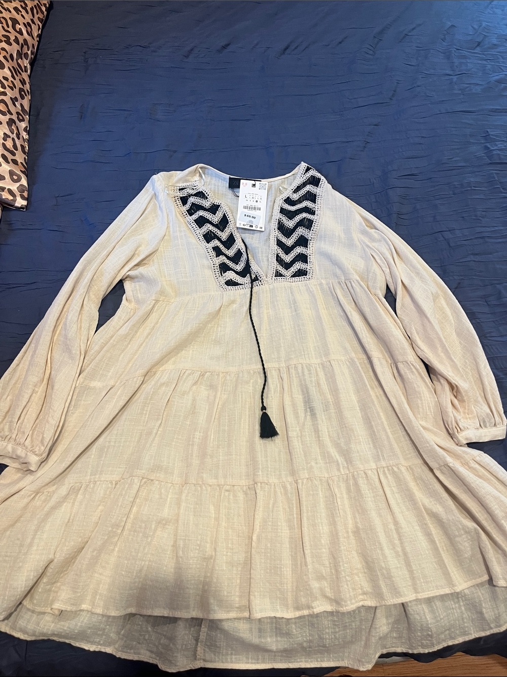 Zara Cream Tiered Peasant Dress with Black Embroidered V-Neck